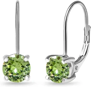 Sterling Silver Birthstone Drop Earrings, Crystal Solitaire Dangle Earrings, 6mm Round Leverback, Dainty