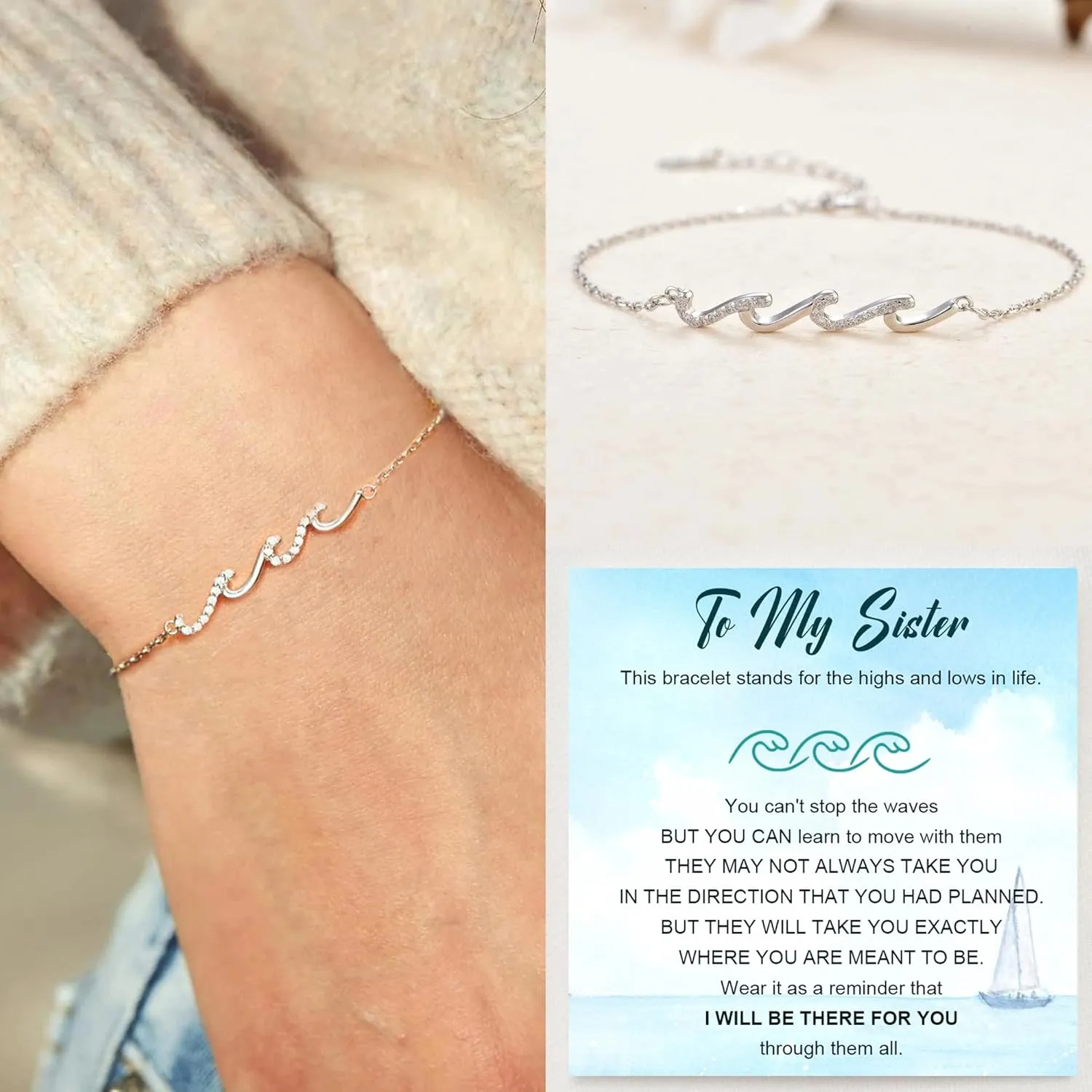 Sterling Silver Bracelets for Women Wave/Cross/Knot Dainty Bracelets Adjustable Simple Link Chain Bracelets Gifts For Mother Daughter Sister Bestie