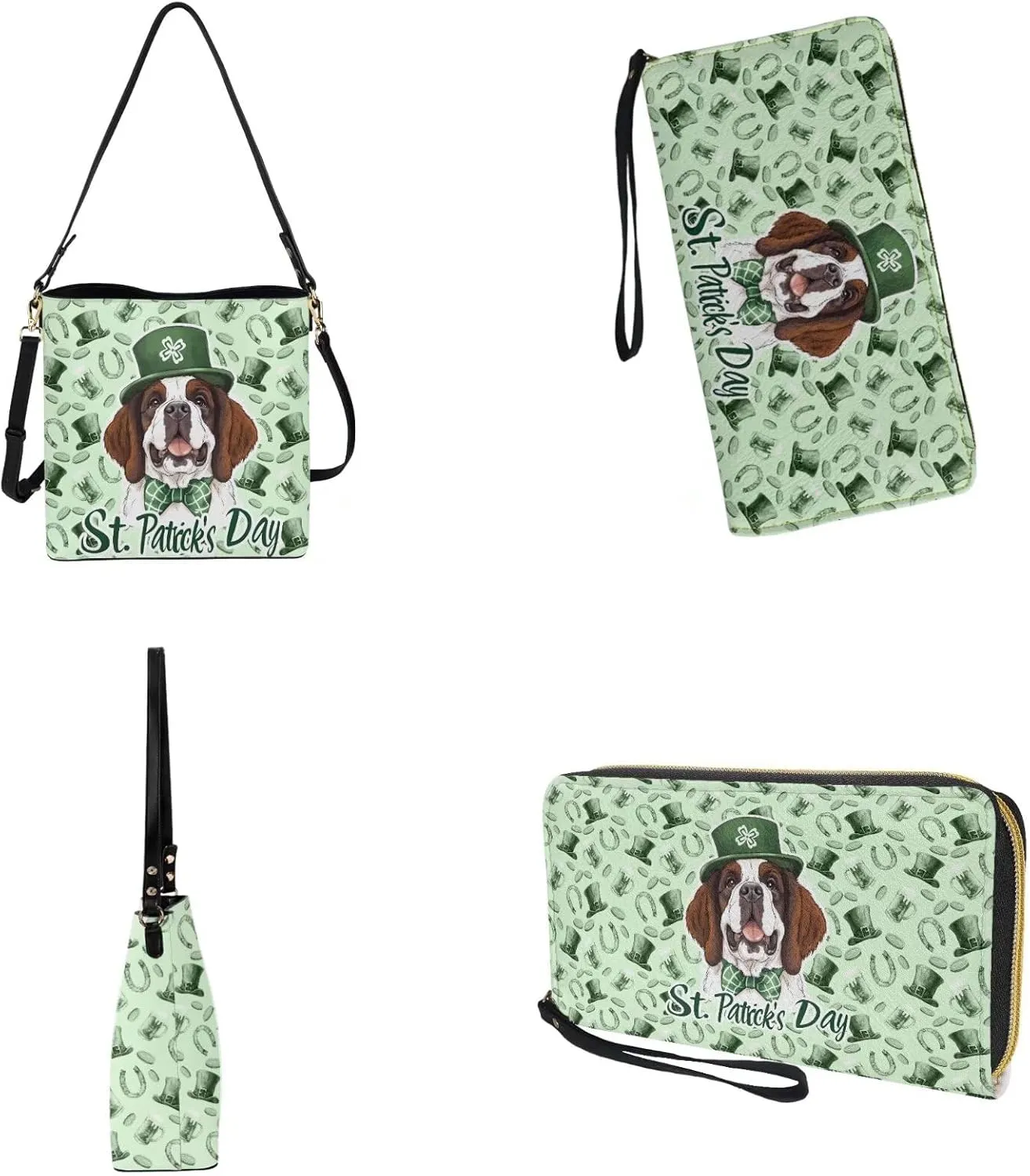 St.Patrick's Day Purse and Wallet for Women, Leather Crossbody Bucket Tote Bag with Wristlet Wallet