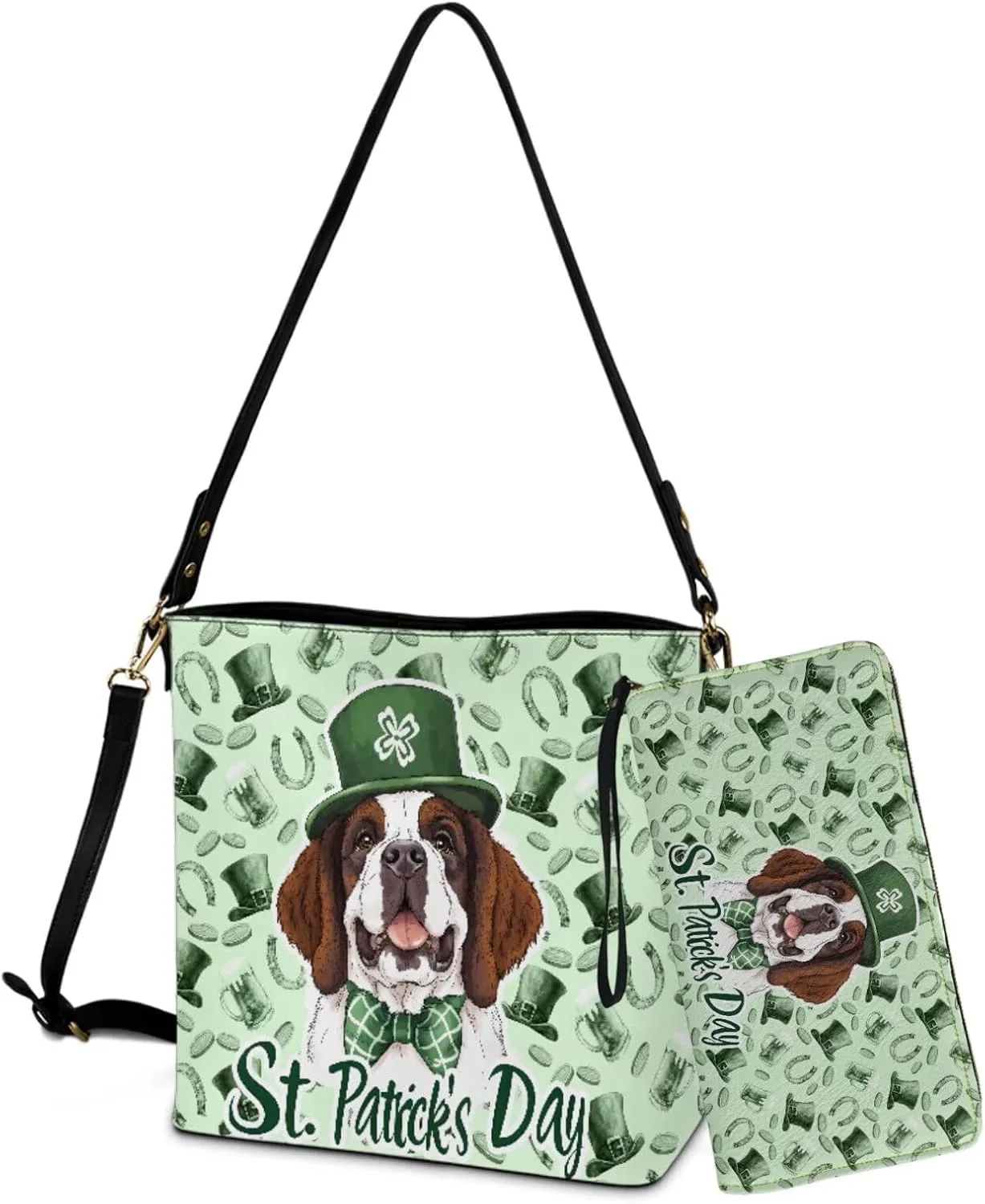 St.Patrick's Day Purse and Wallet for Women, Leather Crossbody Bucket Tote Bag with Wristlet Wallet