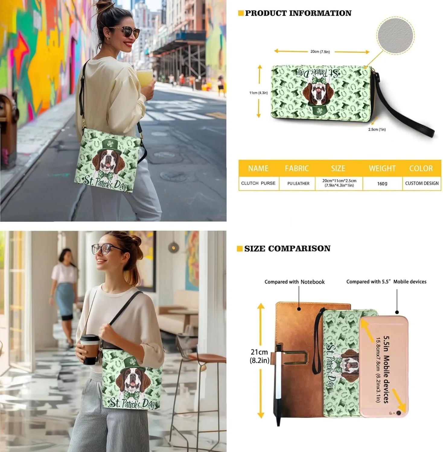 St.Patrick's Day Purse and Wallet for Women, Leather Crossbody Bucket Tote Bag with Wristlet Wallet