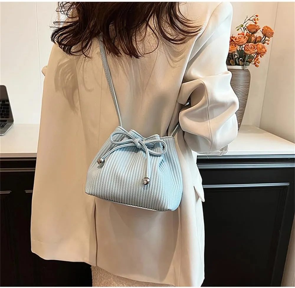 Stripe Drawstring Bucket Bag Small Leather Crossbody Hobo Bucket Satchel Bag Casual Lightweight Drawstring Daypack Purse