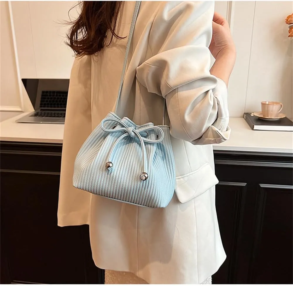 Stripe Drawstring Bucket Bag Small Leather Crossbody Hobo Bucket Satchel Bag Casual Lightweight Drawstring Daypack Purse