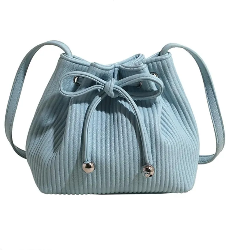 Stripe Drawstring Bucket Bag Small Leather Crossbody Hobo Bucket Satchel Bag Casual Lightweight Drawstring Daypack Purse