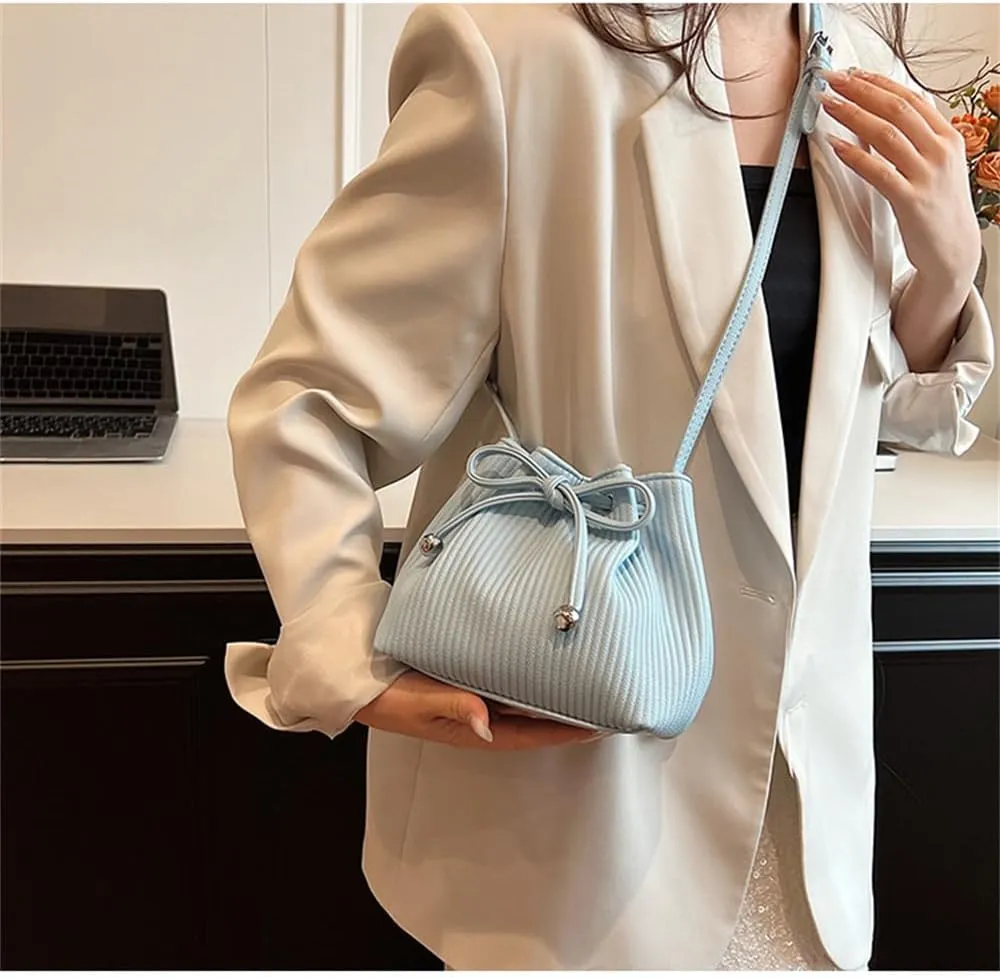 Stripe Drawstring Bucket Bag Small Leather Crossbody Hobo Bucket Satchel Bag Casual Lightweight Drawstring Daypack Purse