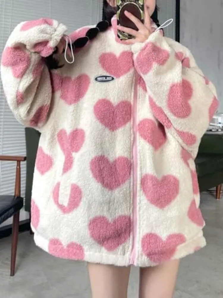 Sumleno Women's Fleece Sherpa Jackets Reversible Kawaii Heart Print Fuzzy Zip Up Cutecore Coats Aesthetic Y2k Gyaru Clothes