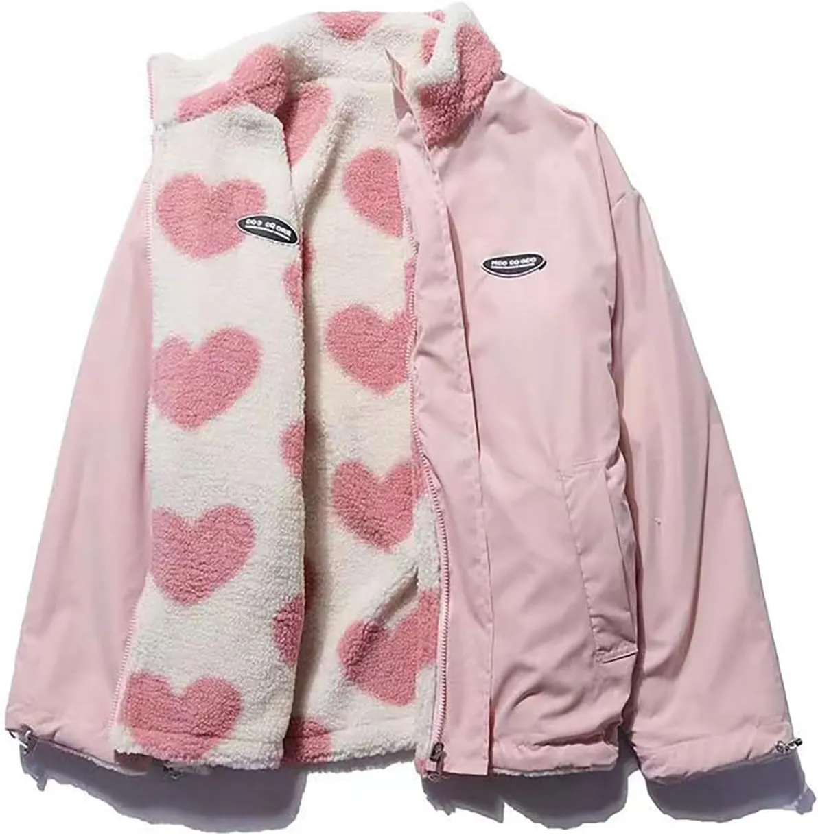 Sumleno Women's Fleece Sherpa Jackets Reversible Kawaii Heart Print Fuzzy Zip Up Cutecore Coats Aesthetic Y2k Gyaru Clothes
