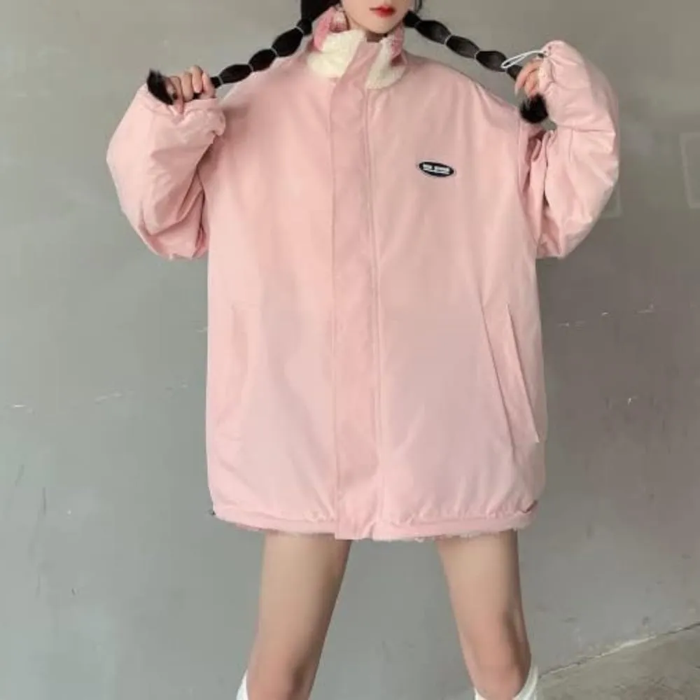 Sumleno Women's Fleece Sherpa Jackets Reversible Kawaii Heart Print Fuzzy Zip Up Cutecore Coats Aesthetic Y2k Gyaru Clothes