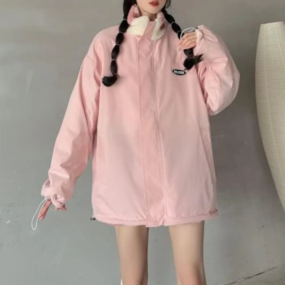 Sumleno Women's Fleece Sherpa Jackets Reversible Kawaii Heart Print Fuzzy Zip Up Cutecore Coats Aesthetic Y2k Gyaru Clothes