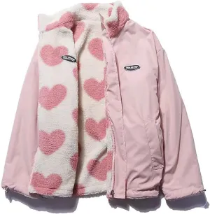 Sumleno Women's Fleece Sherpa Jackets Reversible Kawaii Heart Print Fuzzy Zip Up Cutecore Coats Aesthetic Y2k Gyaru Clothes