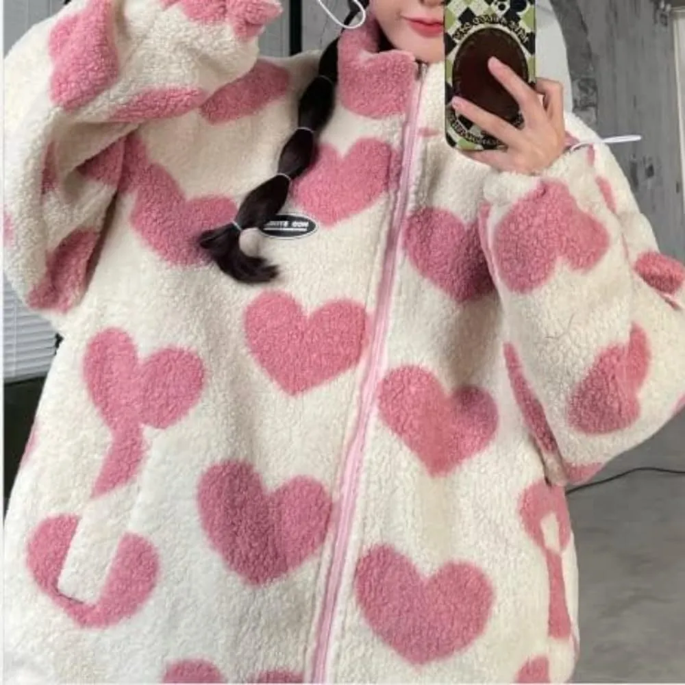 Sumleno Women's Fleece Sherpa Jackets Reversible Kawaii Heart Print Fuzzy Zip Up Cutecore Coats Aesthetic Y2k Gyaru Clothes
