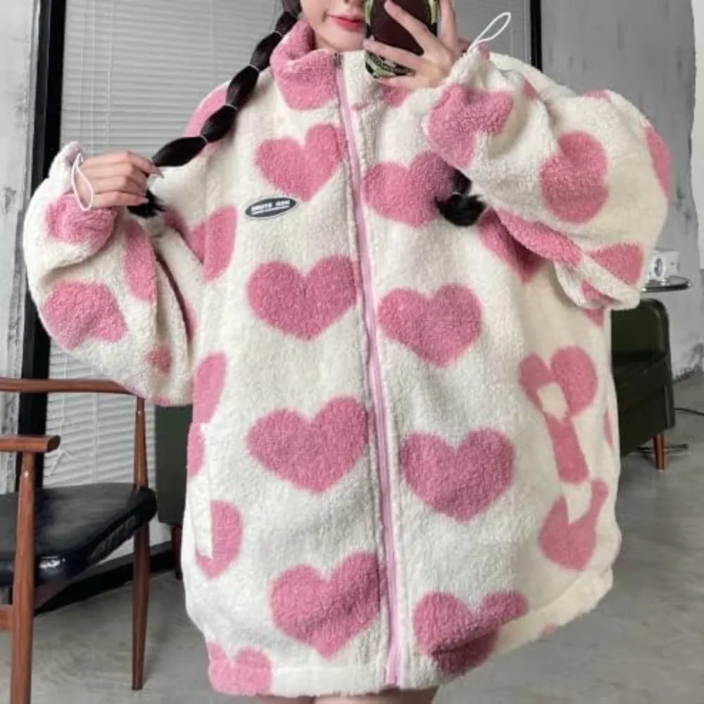 Sumleno Women's Fleece Sherpa Jackets Reversible Kawaii Heart Print Fuzzy Zip Up Cutecore Coats Aesthetic Y2k Gyaru Clothes