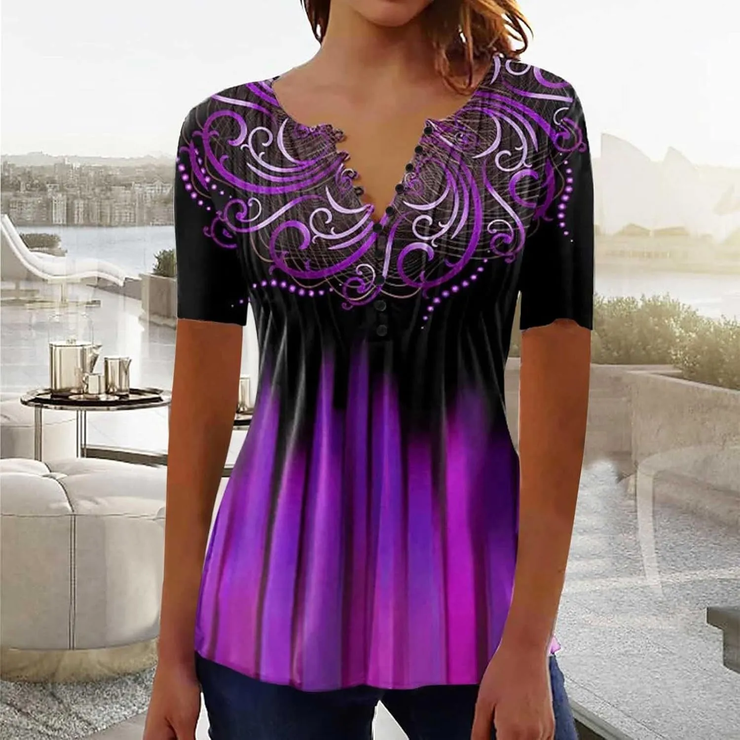Summer Blouses for Women 2025,Trendy Boho Patchwork Tunic Shirts Short Sleeve Button Vneck Tshirt Casual Loose Blouse