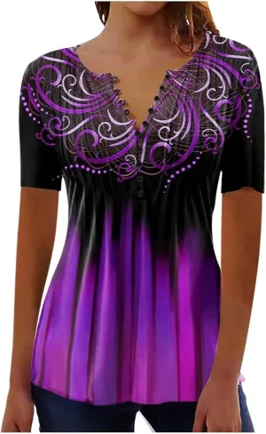 Summer Blouses for Women 2025,Trendy Boho Patchwork Tunic Shirts Short Sleeve Button Vneck Tshirt Casual Loose Blouse