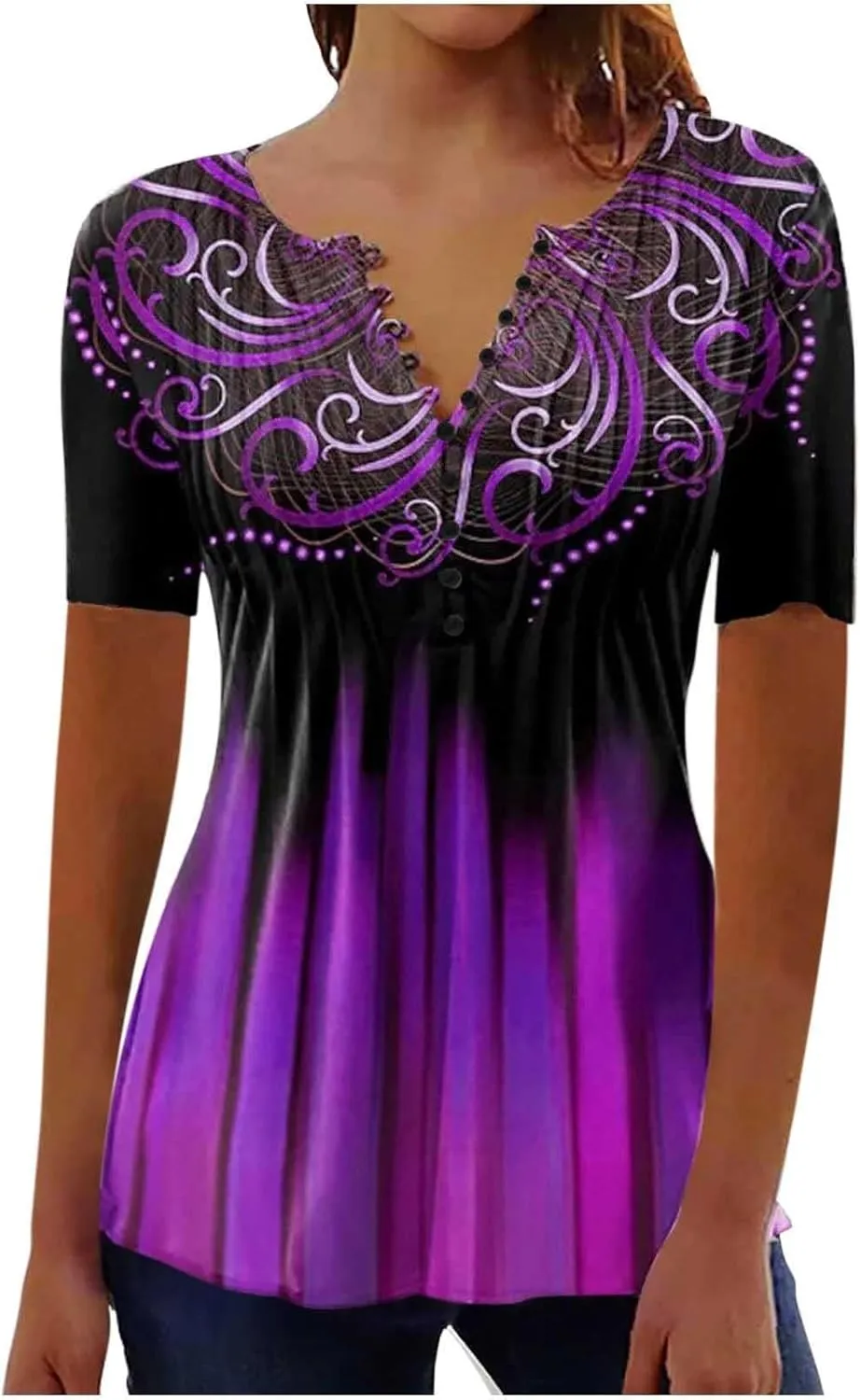 Summer Blouses for Women 2025,Trendy Boho Patchwork Tunic Shirts Short Sleeve Button Vneck Tshirt Casual Loose Blouse