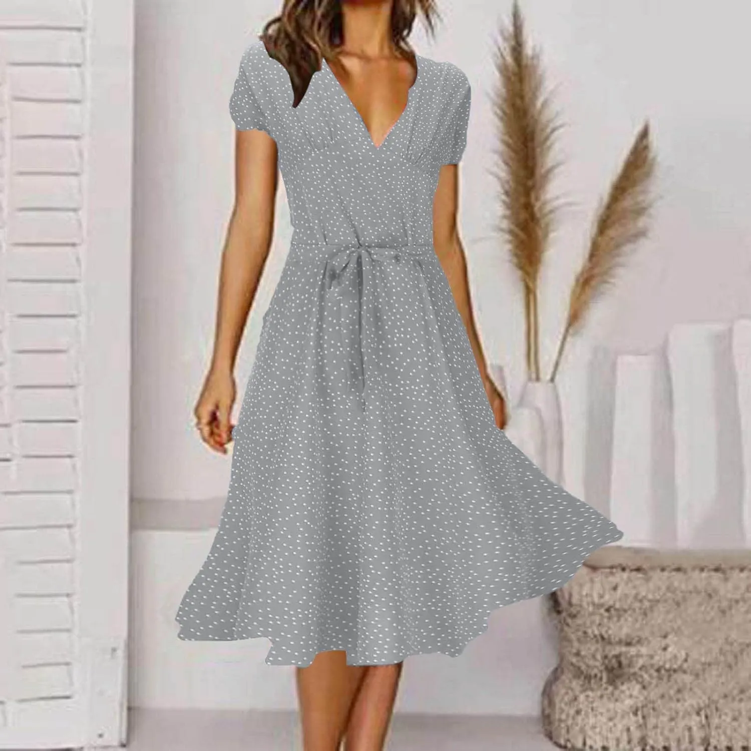 Summer Dresses for Women 2024 Floral Boho Dress Beach Casual Mid Length Dress Short Sleeve Flowy Elegant Midi Dress