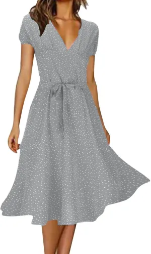 Summer Dresses for Women 2024 Floral Boho Dress Beach Casual Mid Length Dress Short Sleeve Flowy Elegant Midi Dress
