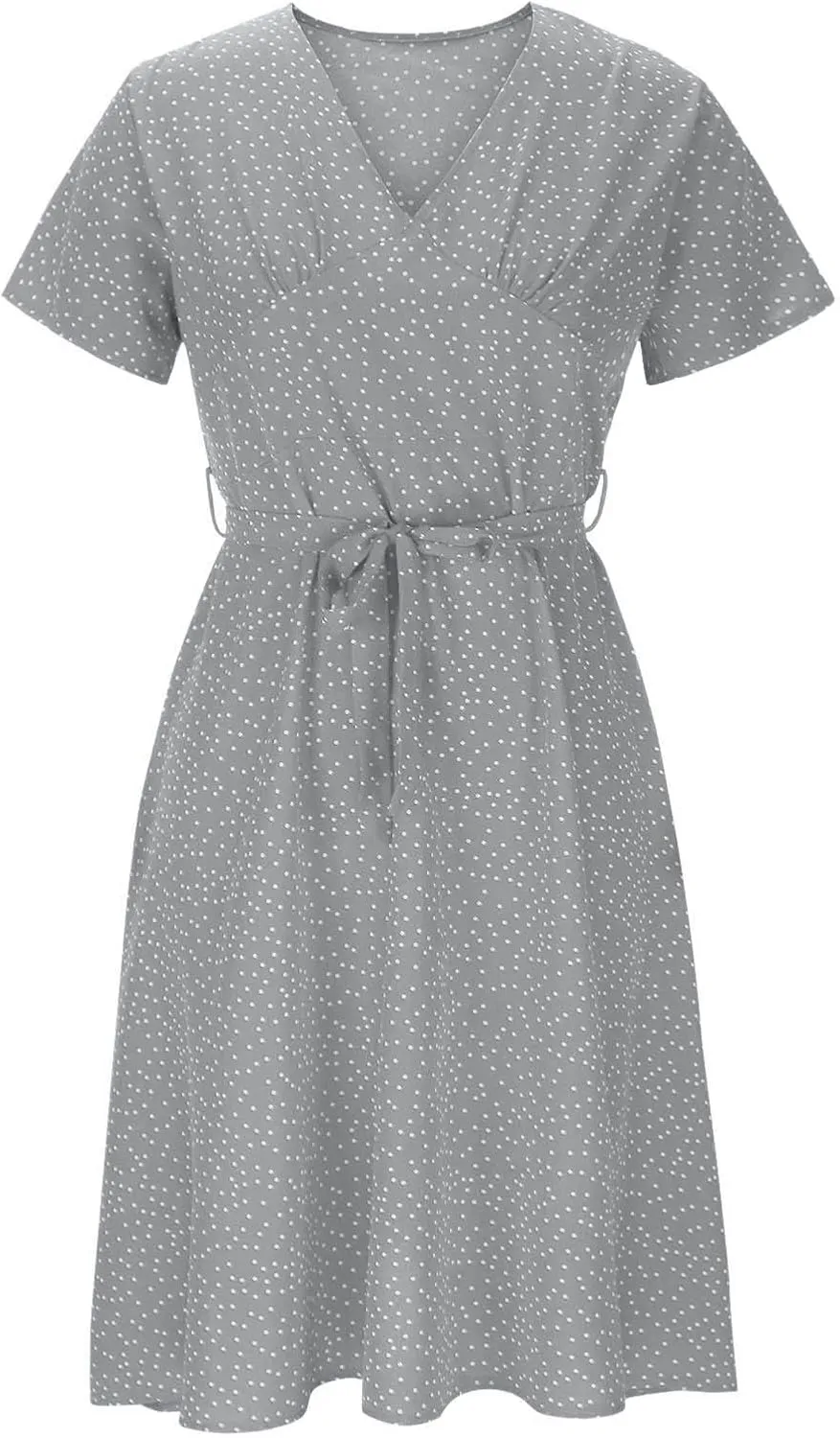 Summer Dresses for Women 2024 Floral Boho Dress Beach Casual Mid Length Dress Short Sleeve Flowy Elegant Midi Dress