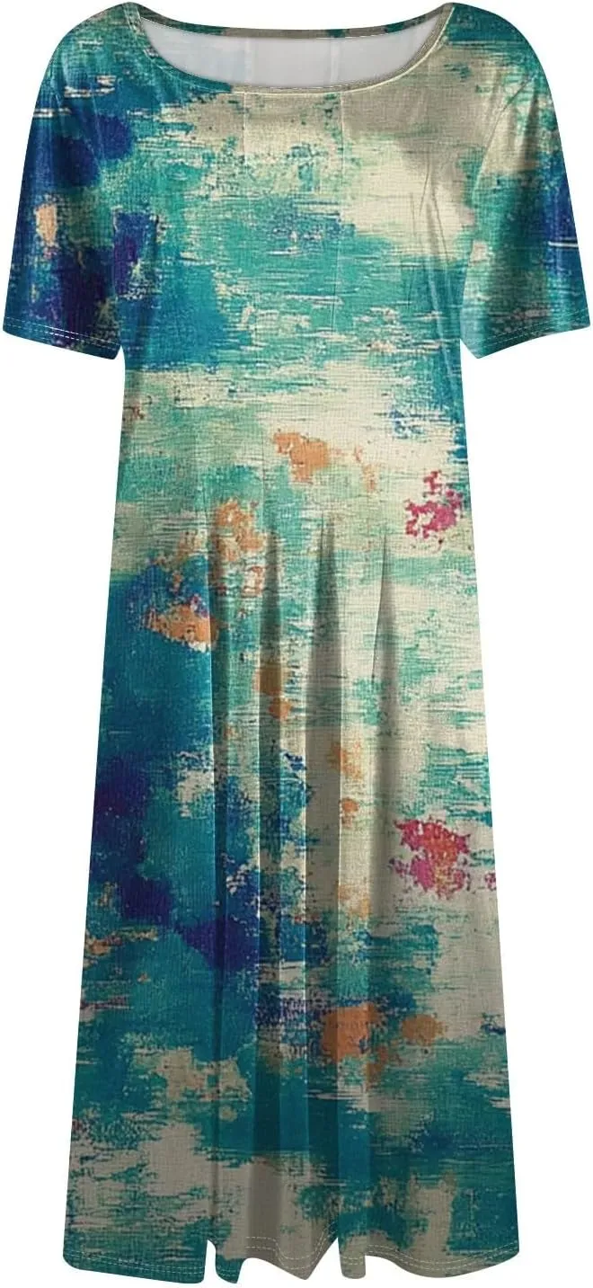 Summer Dresses for Women 2025 Beach Vacation Elegant Crewneck Short Sleeve A Line Dress Side Pockets Midi Sun Dress