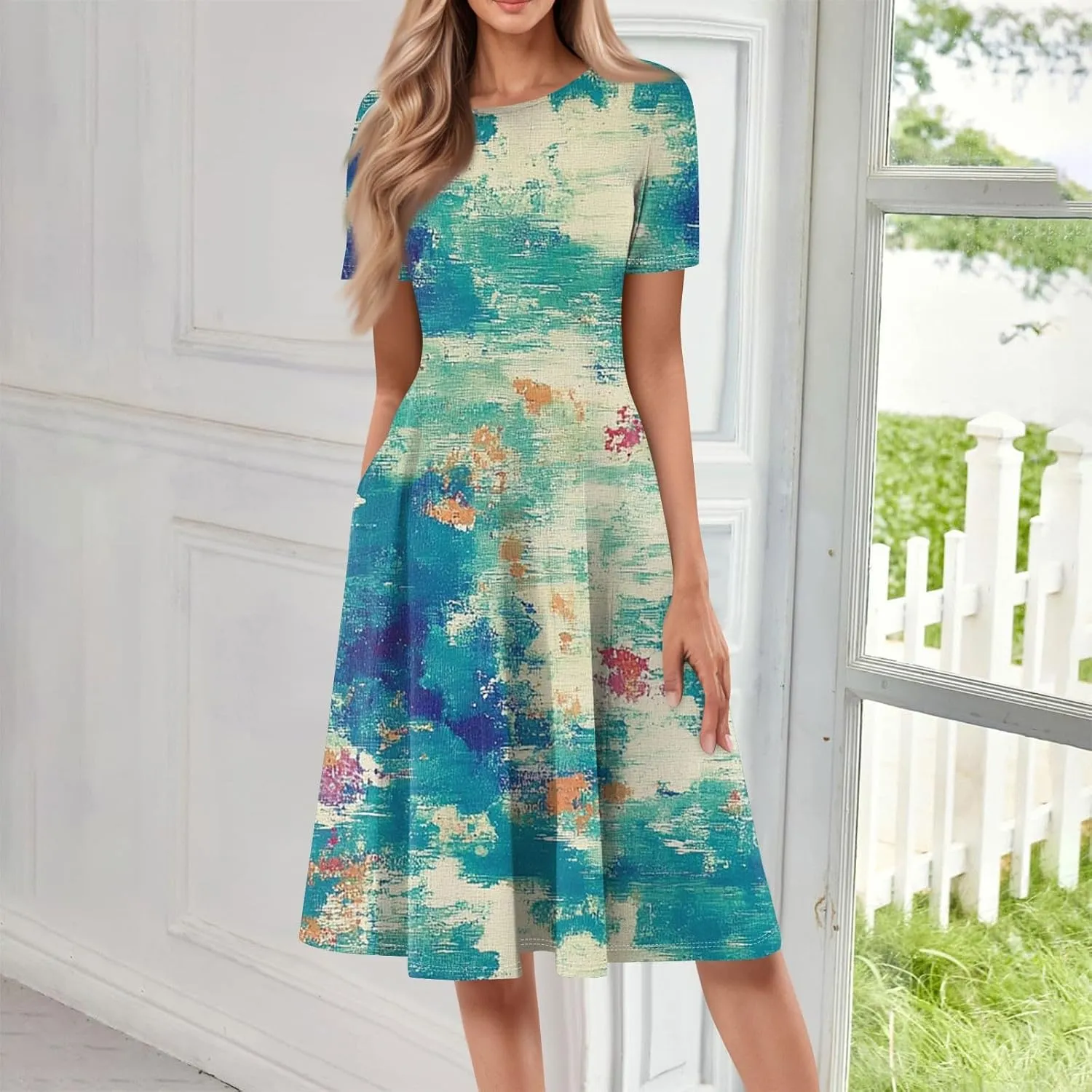 Summer Dresses for Women 2025 Beach Vacation Elegant Crewneck Short Sleeve A Line Dress Side Pockets Midi Sun Dress