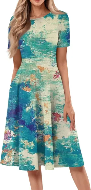Summer Dresses for Women 2025 Beach Vacation Elegant Crewneck Short Sleeve A Line Dress Side Pockets Midi Sun Dress