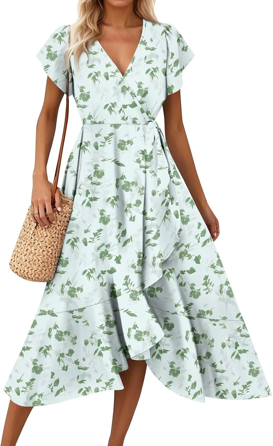 Summer Dresses for Women 2025,Womens Wrap V Neck Casual Dresses Floral Short Sleeve A-Line Ruffle Midi Sundress
