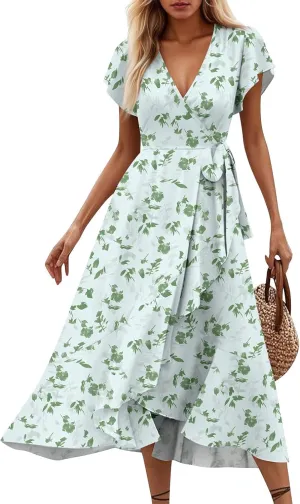 Summer Dresses for Women 2025,Womens Wrap V Neck Casual Dresses Floral Short Sleeve A-Line Ruffle Midi Sundress