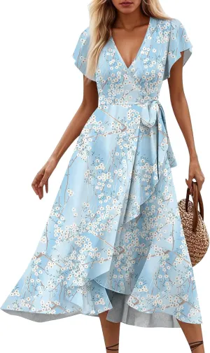 Summer Dresses for Women 2025,Womens Wrap V Neck Casual Dresses Floral Short Sleeve A-Line Ruffle Midi Sundress