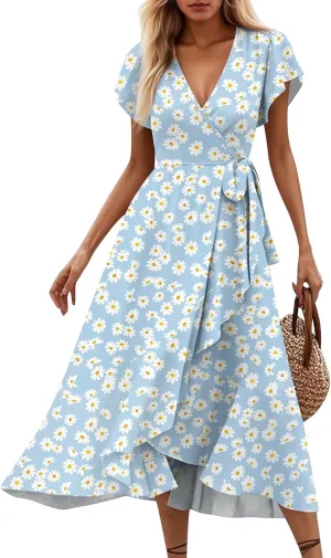 Summer Dresses for Women 2025,Womens Wrap V Neck Casual Dresses Floral Short Sleeve A-Line Ruffle Midi Sundress