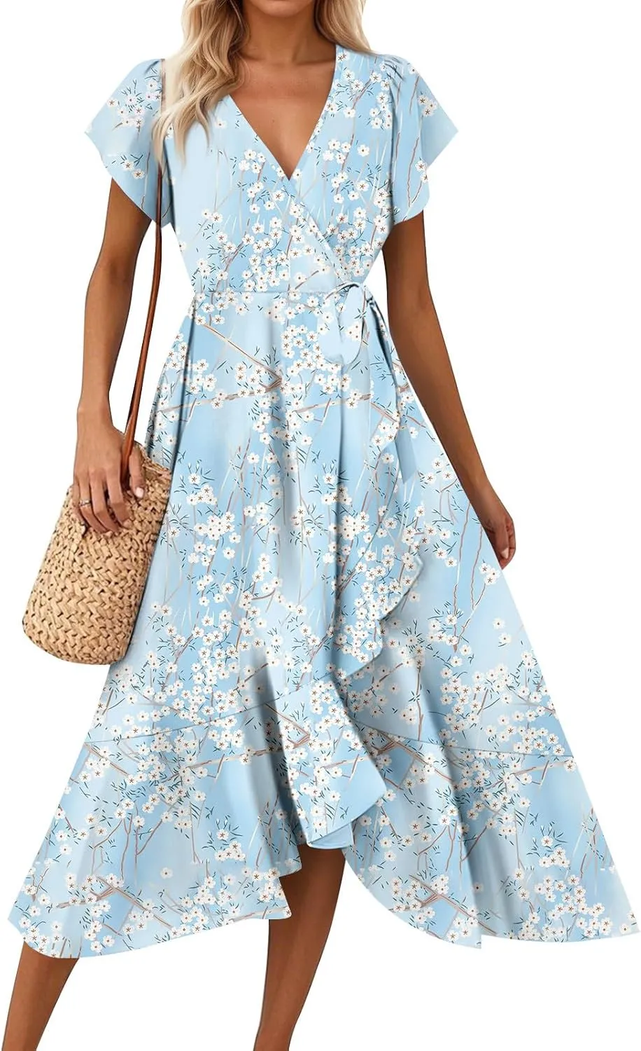Summer Dresses for Women 2025,Womens Wrap V Neck Casual Dresses Floral Short Sleeve A-Line Ruffle Midi Sundress