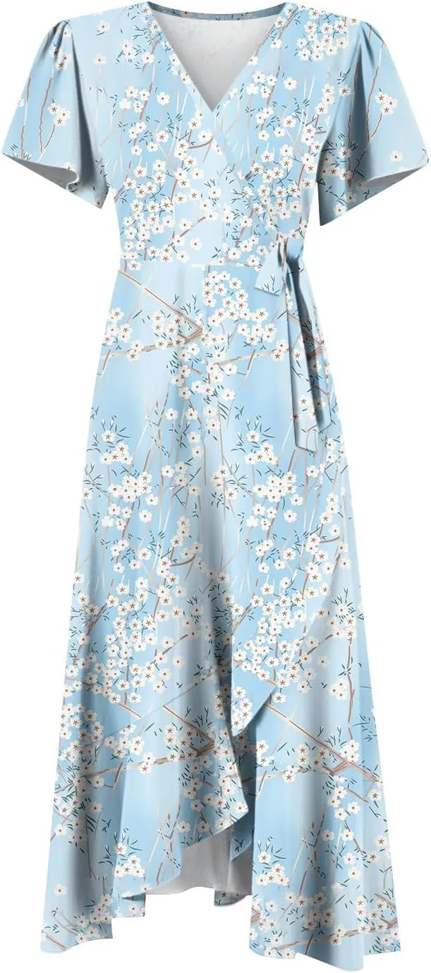 Summer Dresses for Women 2025,Womens Wrap V Neck Casual Dresses Floral Short Sleeve A-Line Ruffle Midi Sundress