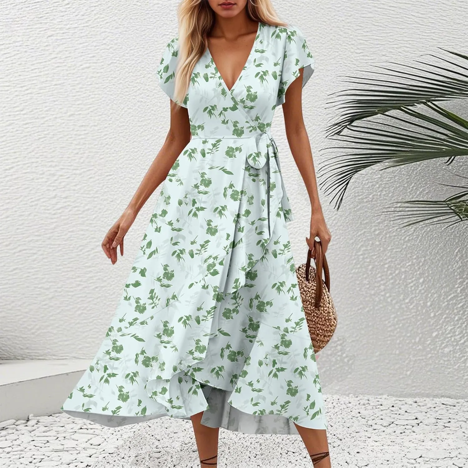 Summer Dresses for Women 2025,Womens Wrap V Neck Casual Dresses Floral Short Sleeve A-Line Ruffle Midi Sundress