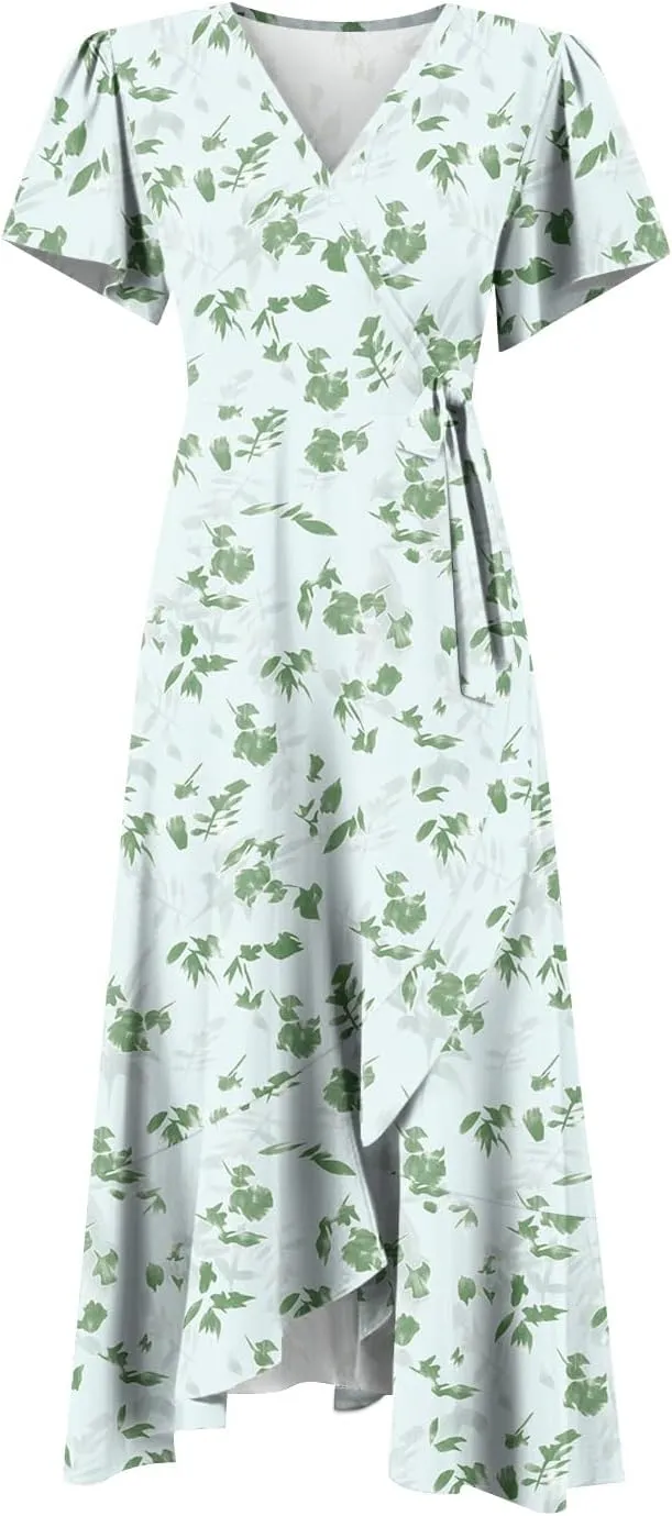 Summer Dresses for Women 2025,Womens Wrap V Neck Casual Dresses Floral Short Sleeve A-Line Ruffle Midi Sundress