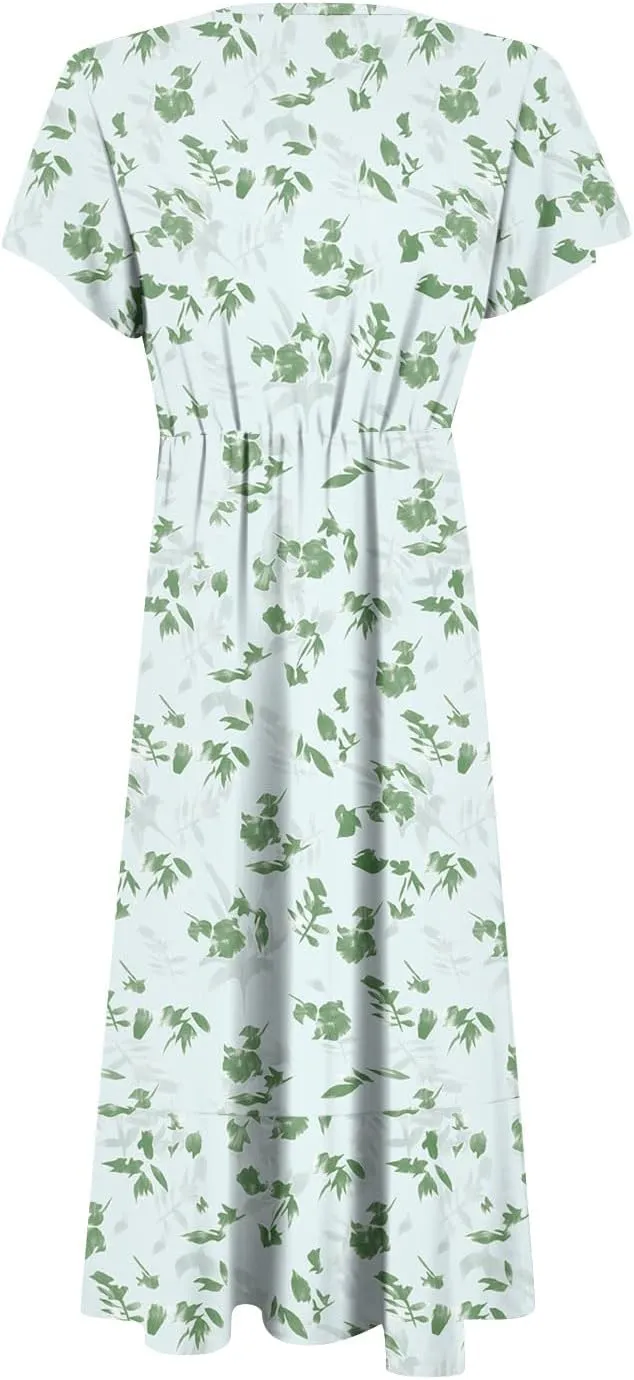 Summer Dresses for Women 2025,Womens Wrap V Neck Casual Dresses Floral Short Sleeve A-Line Ruffle Midi Sundress