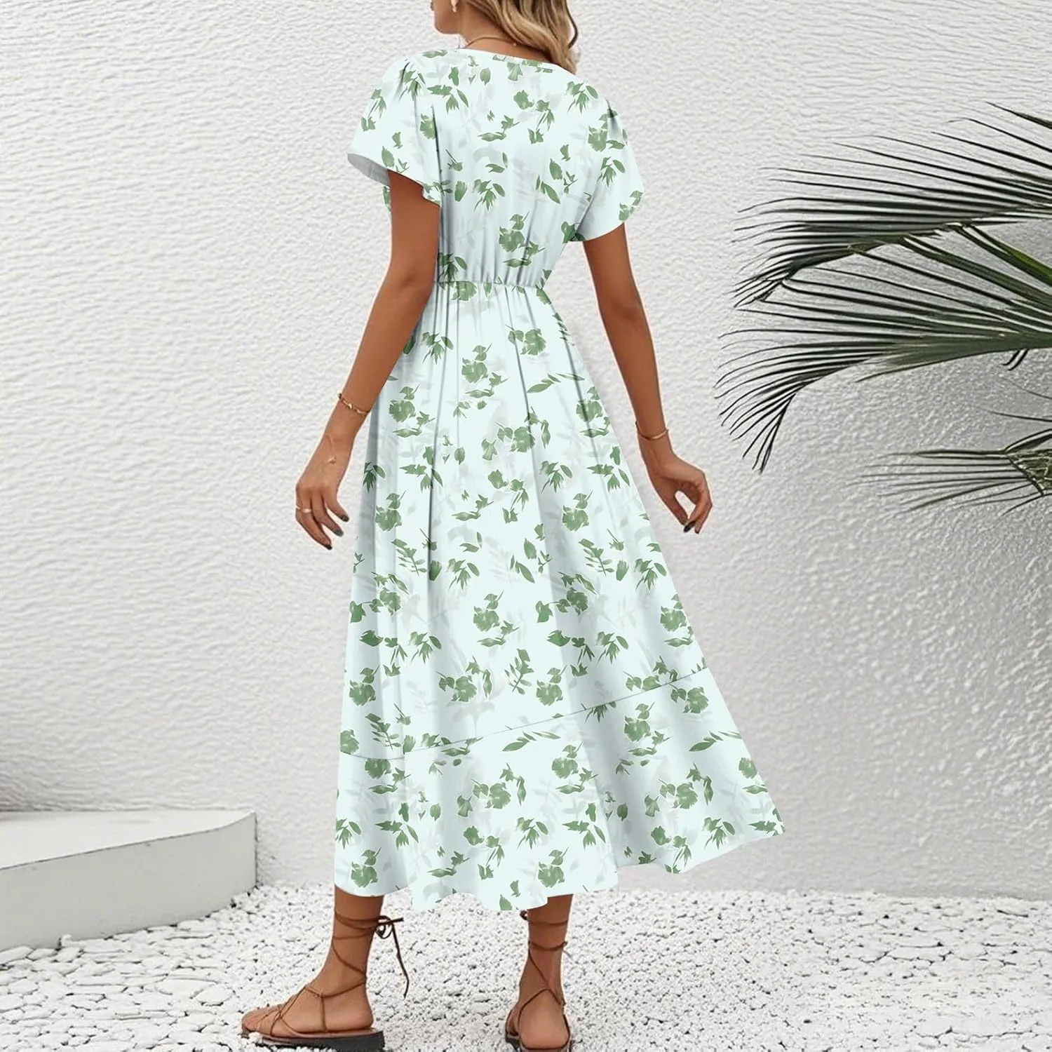Summer Dresses for Women 2025,Womens Wrap V Neck Casual Dresses Floral Short Sleeve A-Line Ruffle Midi Sundress