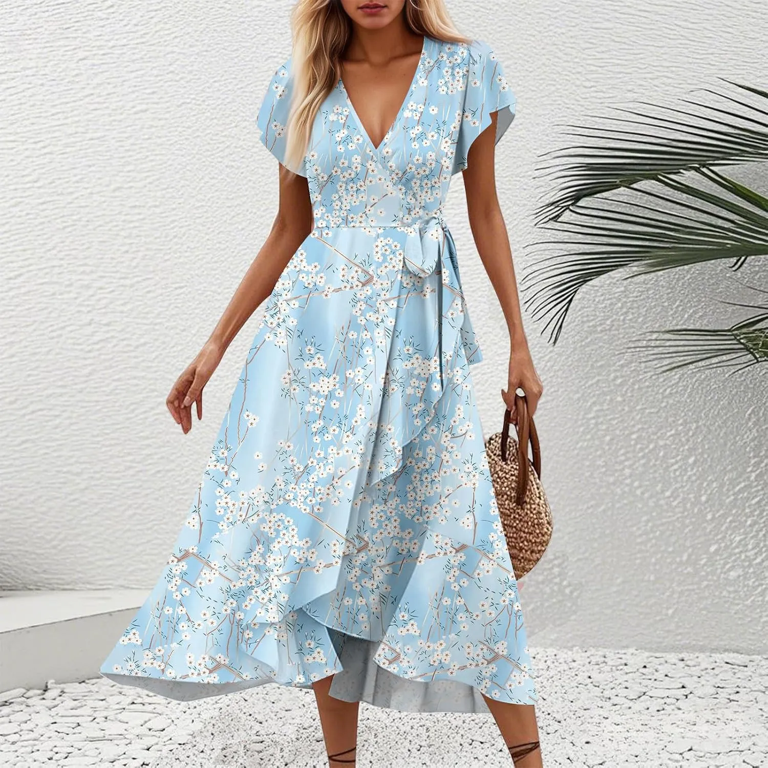 Summer Dresses for Women 2025,Womens Wrap V Neck Casual Dresses Floral Short Sleeve A-Line Ruffle Midi Sundress