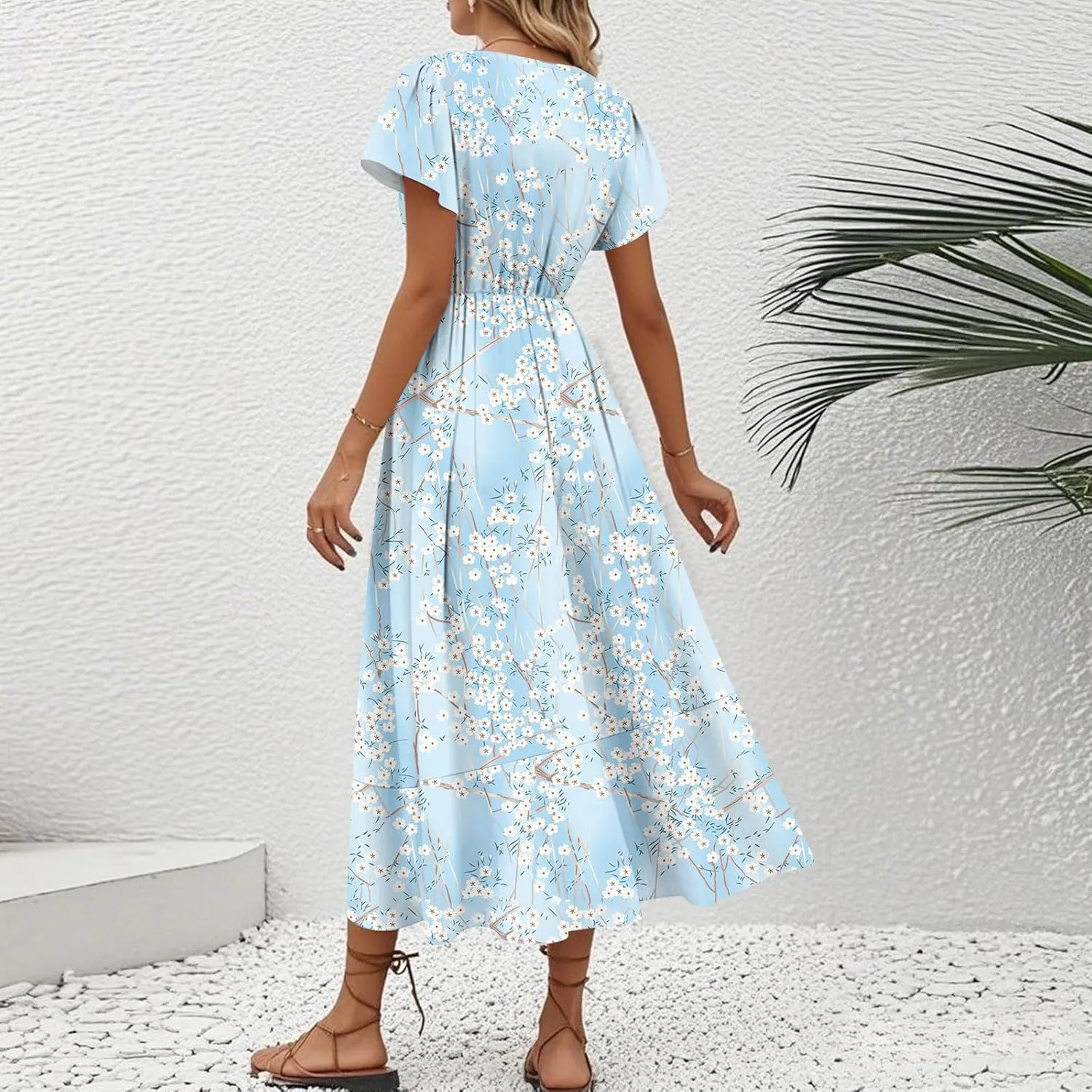 Summer Dresses for Women 2025,Womens Wrap V Neck Casual Dresses Floral Short Sleeve A-Line Ruffle Midi Sundress