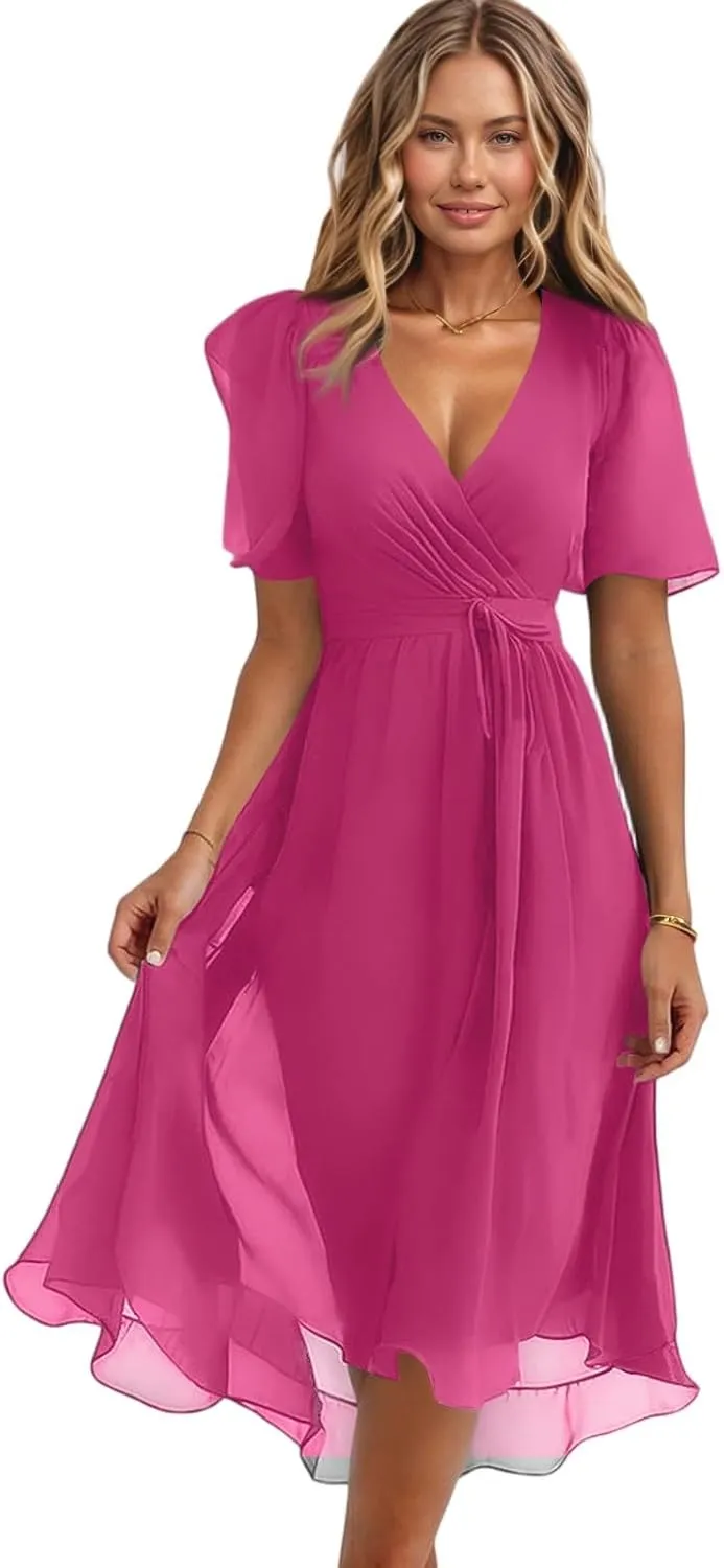 Summer Dresses for Women Boho Floral Printed Chiffon Dresses Elegant V Neck Wedding Prom Cocktail Midi Dress
