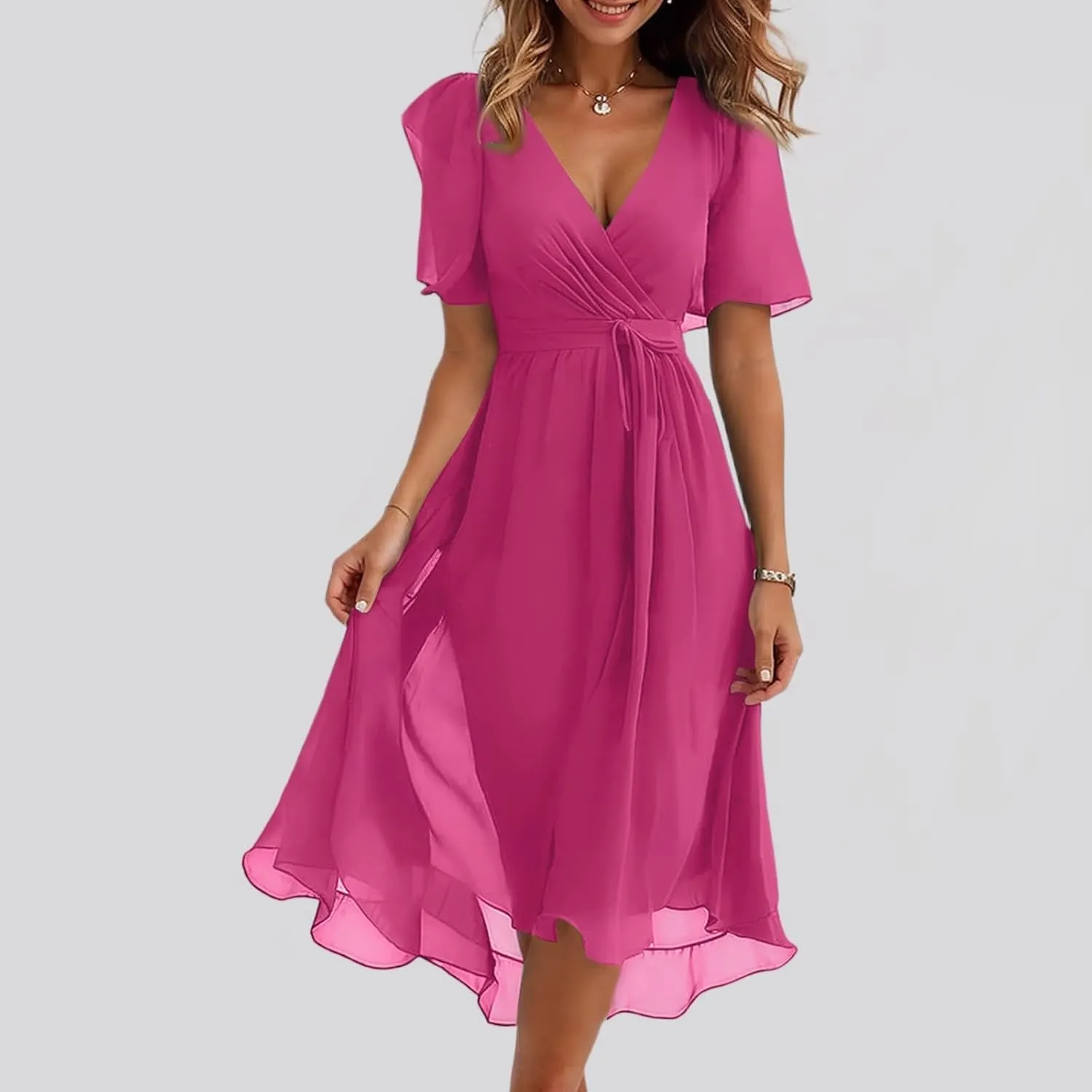 Summer Dresses for Women Boho Floral Printed Chiffon Dresses Elegant V Neck Wedding Prom Cocktail Midi Dress