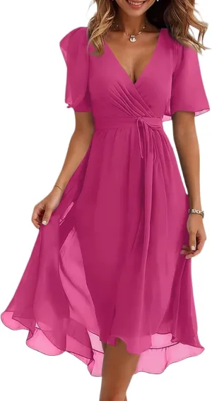 Summer Dresses for Women Boho Floral Printed Chiffon Dresses Elegant V Neck Wedding Prom Cocktail Midi Dress