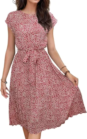 Summer Mini Dresses for Women 2025 Floral Cap Sleeve Tie Waist Midi Dresses Boho Pleated Ruffle Knee Length Dress