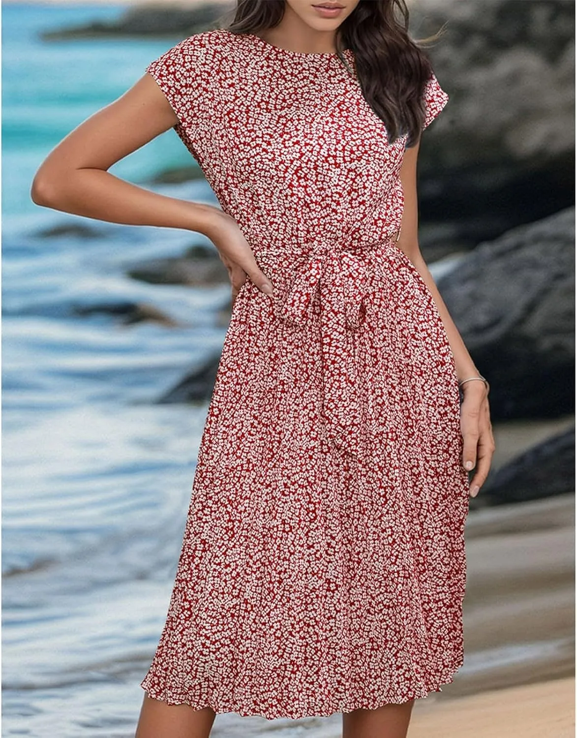 Summer Mini Dresses for Women 2025 Floral Cap Sleeve Tie Waist Midi Dresses Boho Pleated Ruffle Knee Length Dress