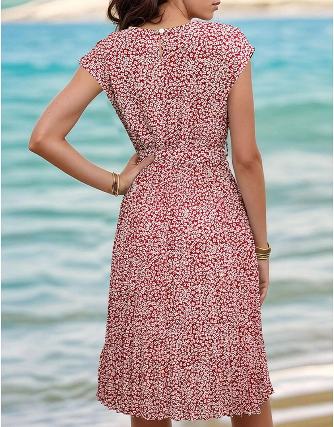 Summer Mini Dresses for Women 2025 Floral Cap Sleeve Tie Waist Midi Dresses Boho Pleated Ruffle Knee Length Dress