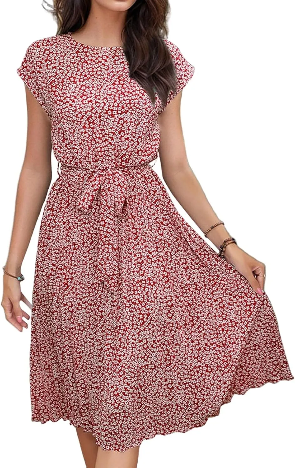 Summer Mini Dresses for Women 2025 Floral Cap Sleeve Tie Waist Midi Dresses Boho Pleated Ruffle Knee Length Dress