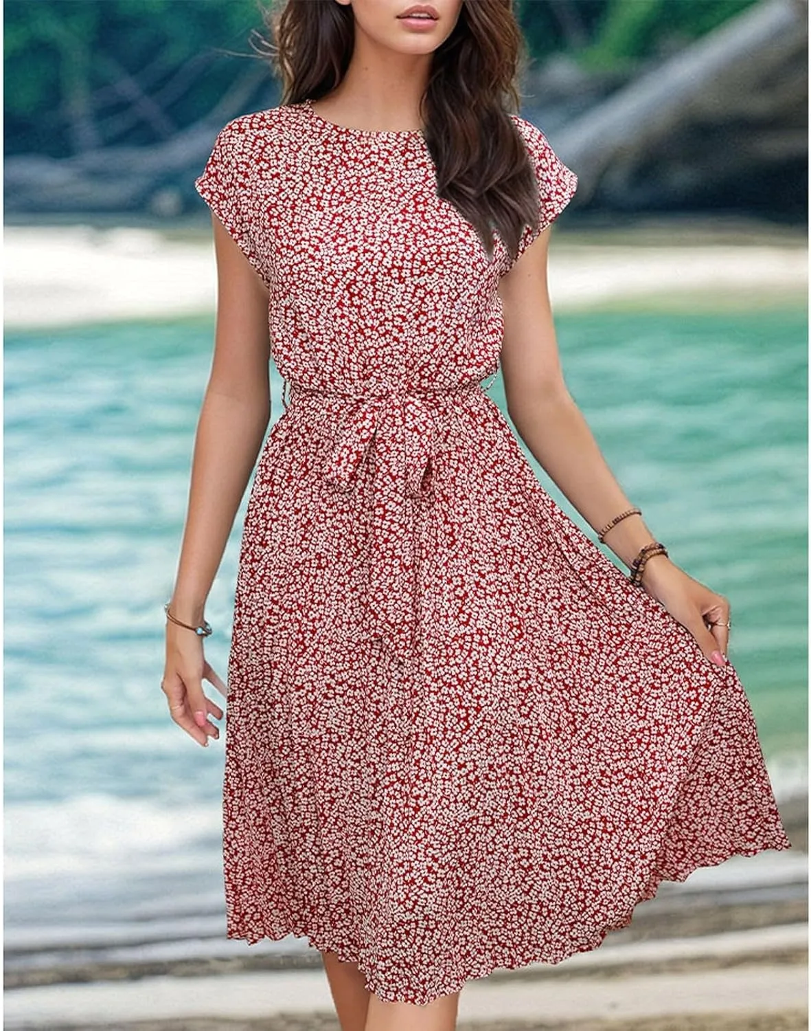 Summer Mini Dresses for Women 2025 Floral Cap Sleeve Tie Waist Midi Dresses Boho Pleated Ruffle Knee Length Dress