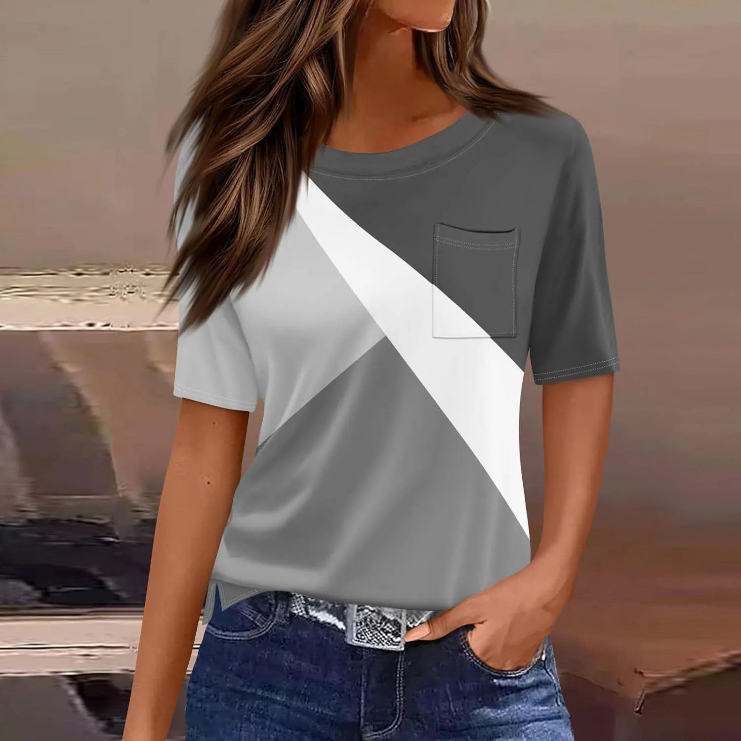 Summer Tops for Women Short Sleeve Womens Tops Dressy Casual Crew Neck Shirts Color Block Blouses Clothes with Pocket