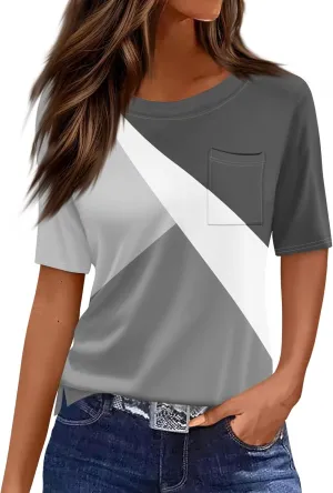 Summer Tops for Women Short Sleeve Womens Tops Dressy Casual Crew Neck Shirts Color Block Blouses Clothes with Pocket