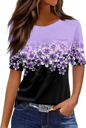 Summer Tops for Women Short Sleeve Womens Tops Dressy Casual Crew Neck Shirts Color Block Blouses Clothes with Pocket