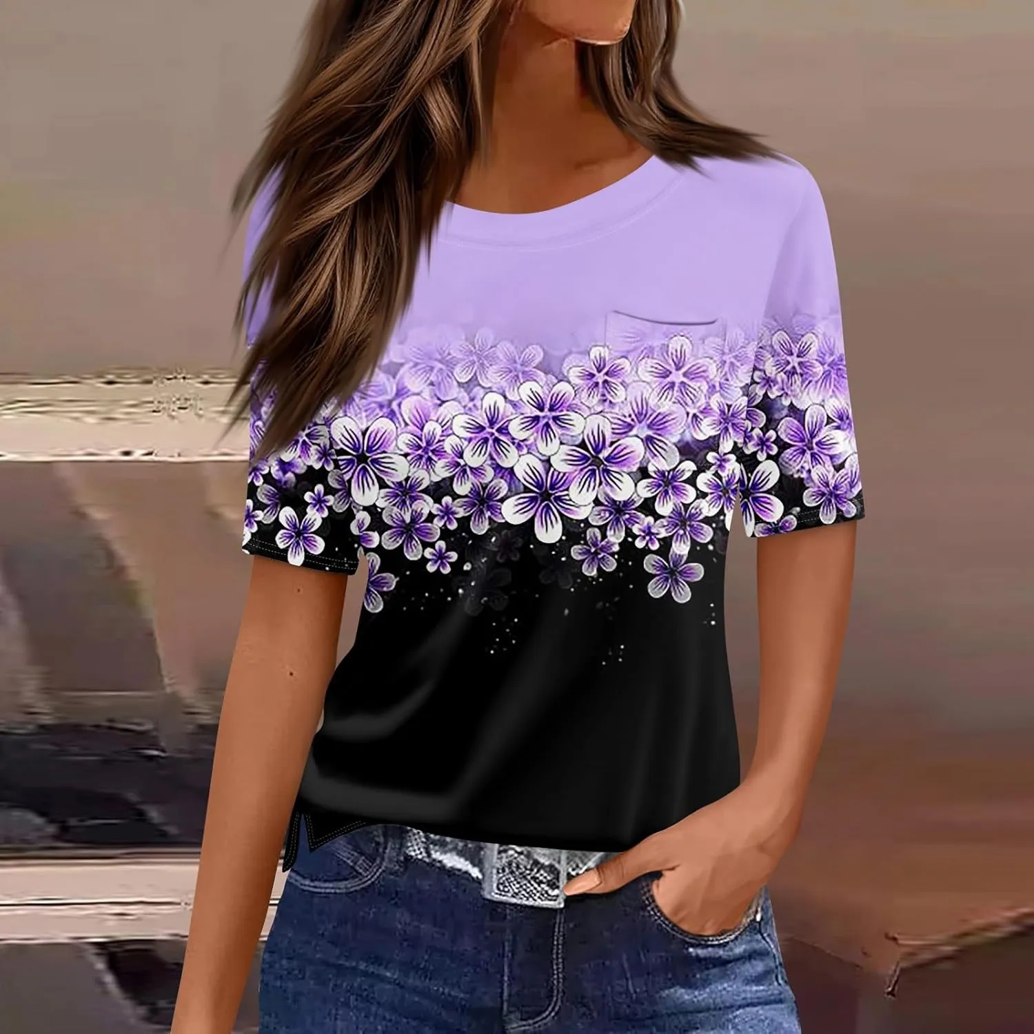 Summer Tops for Women Short Sleeve Womens Tops Dressy Casual Crew Neck Shirts Color Block Blouses Clothes with Pocket