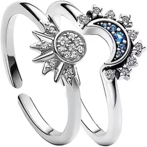 Sun Moon Ring Set, Stackable Rings for Women Girl Sparkling Gold Sun Ring/Blue Moon Ring Couple Rings Matching Rings as Friendship Best Friend jewelry for Women Men